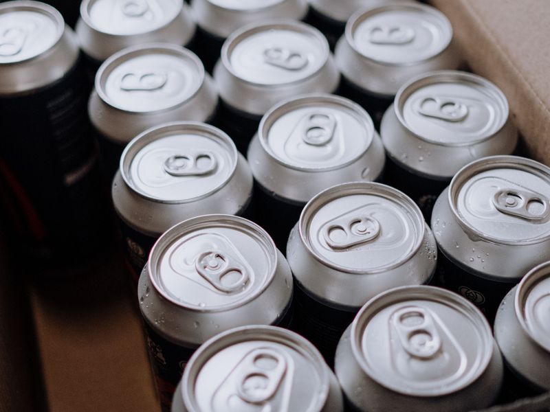 A case of drink cans from above