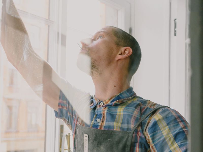 A builder fitting a window frame