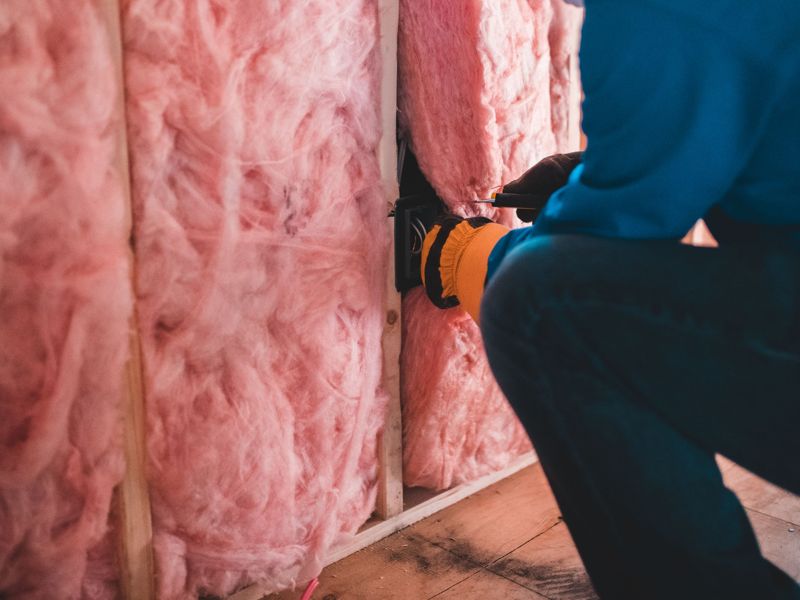 A worker fitting pink insulation batts into a timber wall frame