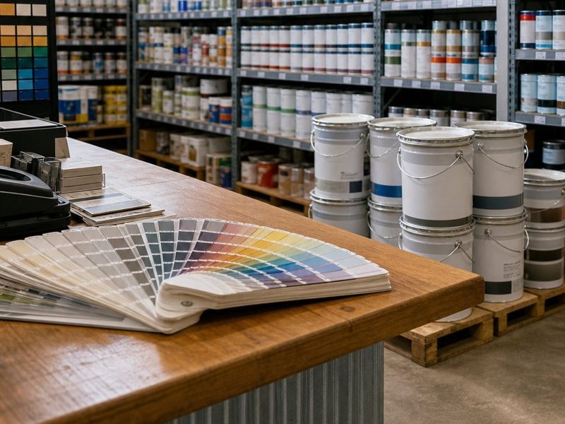 Paint tins on shelves behind a trade counter with a colour fan deck