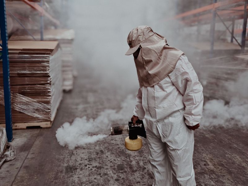 A pest control technician fumigating a warehouse