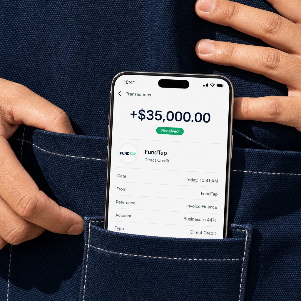 A phone in a work-trouser pocket showing $35,000 received in the FundTap app
