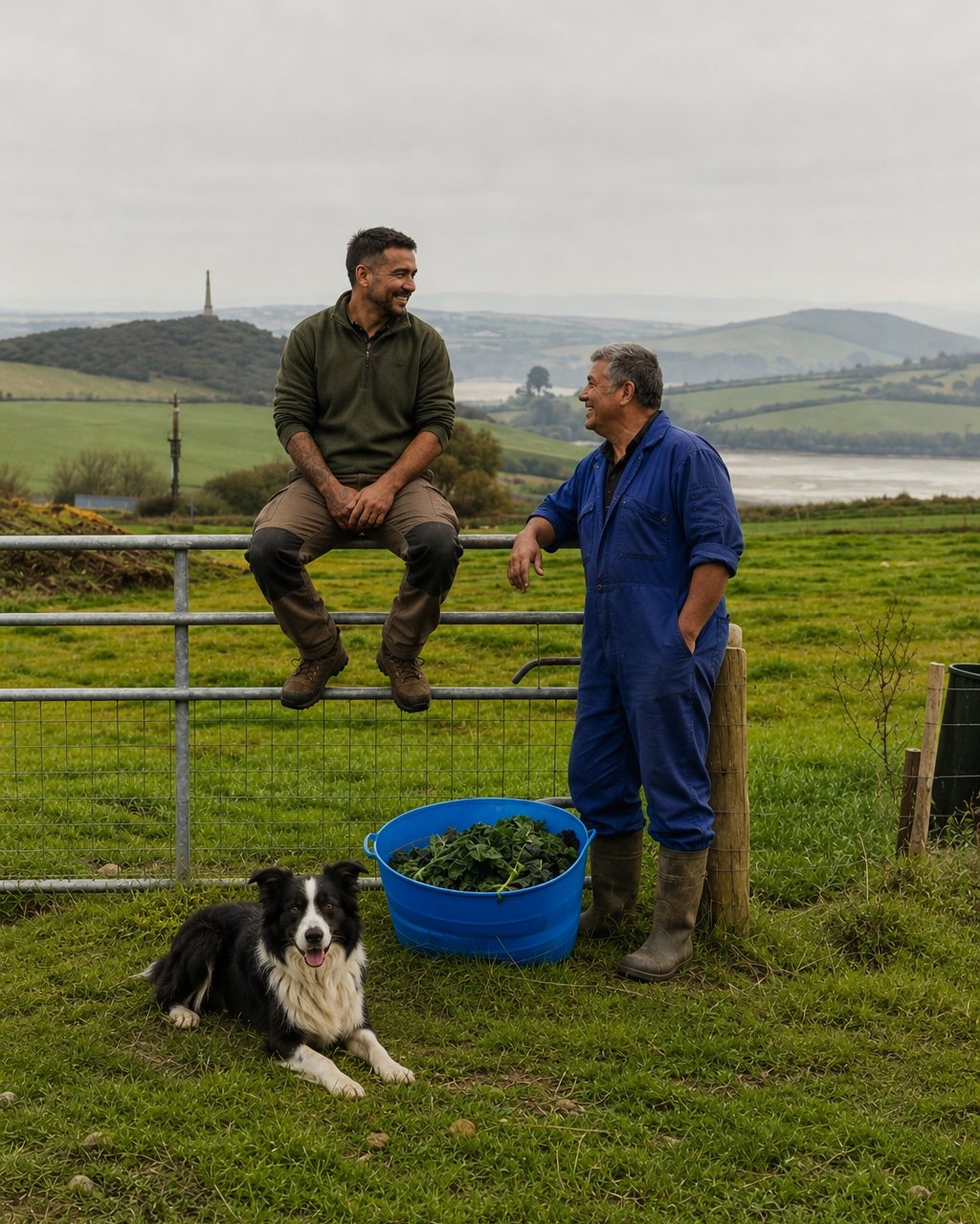 Two farmers talking at a gate, with a dog
